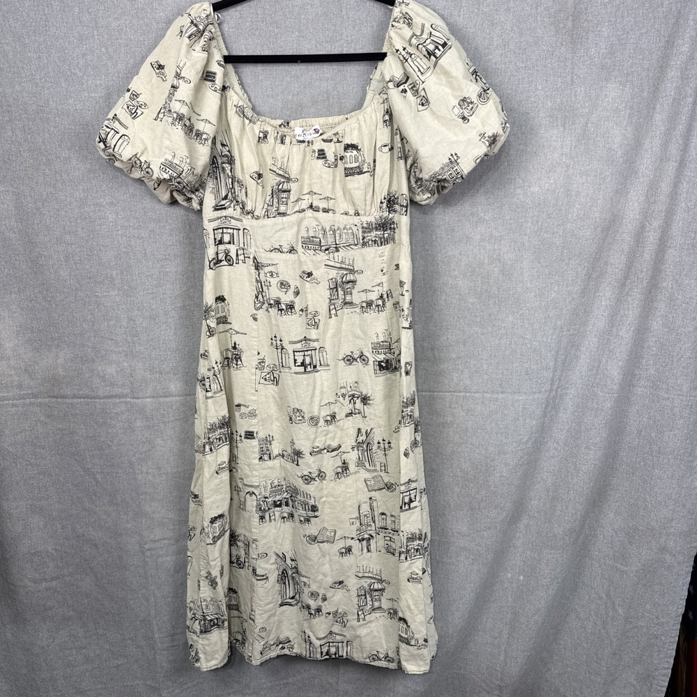 Tulip Creations Bistro Toile Dress LG Cotton Linen Smocked Puff Sleeve Not Lined